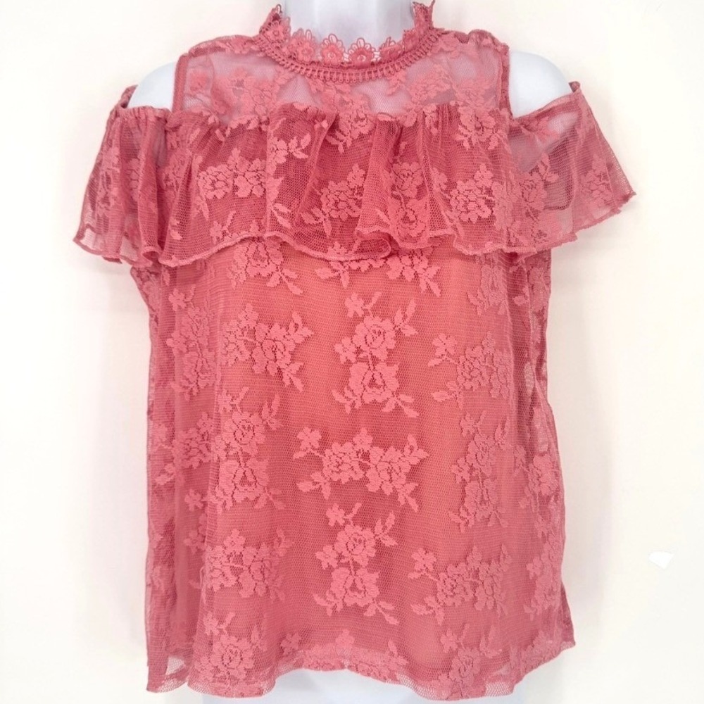 Floral Lace Cold Shoulder Ruffle Top XXL Coquette Victorian Cottage Romantic‎
